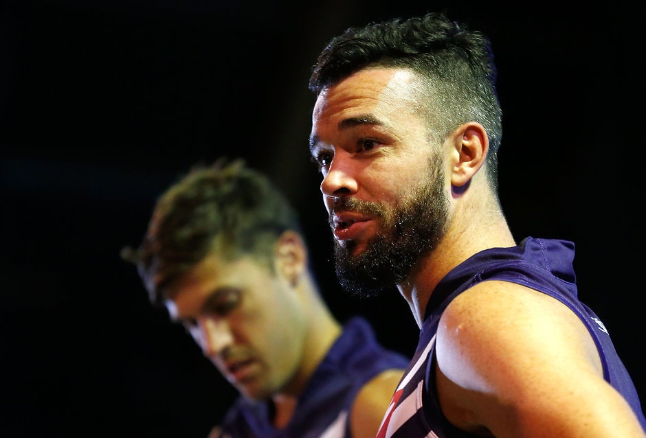 AFL 2015 Media - Fremantle Team Photo Day Ryan Crowley looks on during the 2015 Fremantle Dockers team photo day at Fly By Night Club, Perth on January 20, 2015. (Photo: Michael Willson/AFL Media)